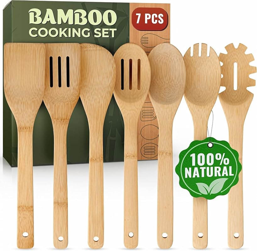 7-Piece Bamboo Wooden Utensil Set for Cooking: Sturdy, Lightweight & H