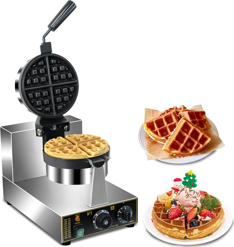 Commercial Belgian Waffle Maker, 1300W 180° Rotary Round Non-Stick Iro