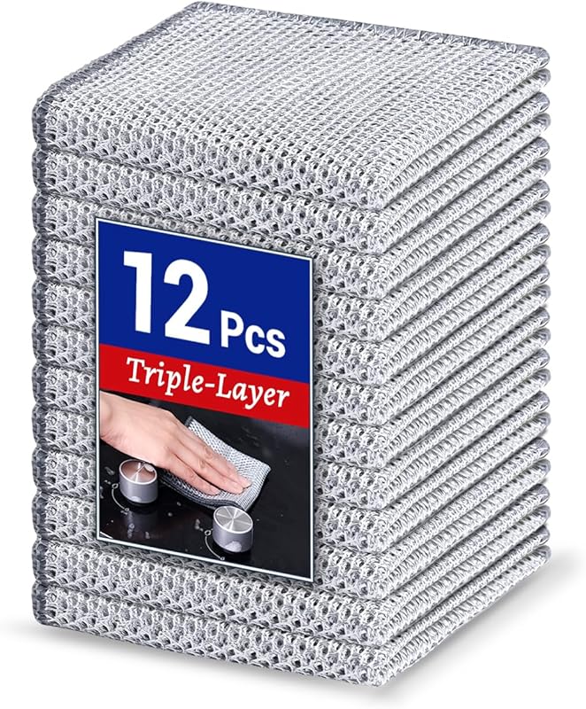 12-Pack 3-Layer Non-Scratch Steel Wire Dishcloths – Reusable, Quick-Dr
