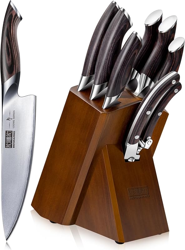 HOSHANHO 8-Piece Japanese High Carbon Kitchen Knife Set with Block, Ul