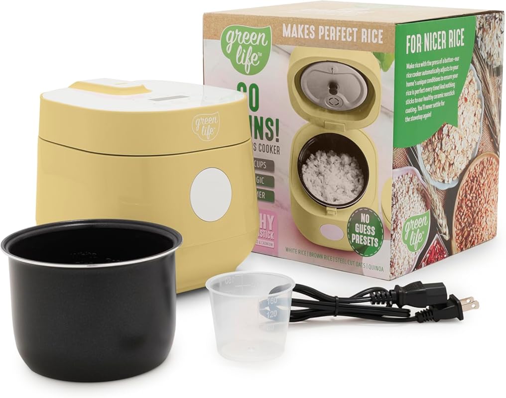 GreenLife Digital Rice Cooker: 4-Cup, PFAS-Free Ceramic Pot, Fuzzy Log