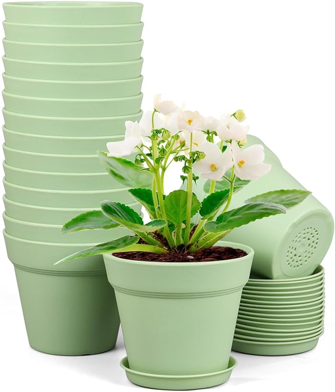 16-Pack 6 Inch Green Plastic Nursery Pots with Drainage & Saucers for 