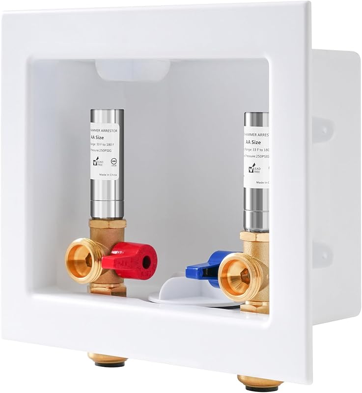 Washing Machine Outlet Box with Stainless Water Hammer Arrestor, 1/2