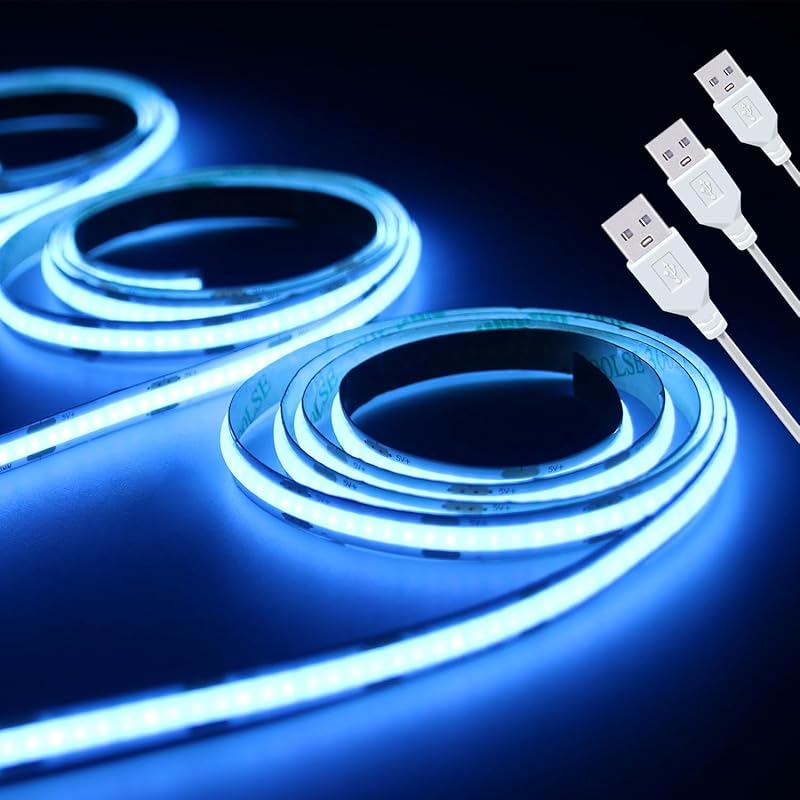 ICE Blue COB LED Strip Lights, 320 LEDs High Brightness 5V USB Flexibl