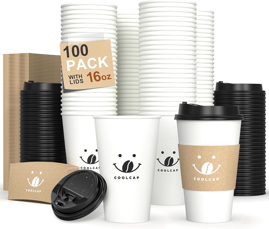 100 Pack 16 oz Disposable White Paper Coffee Cups with Lids & Sleeves.