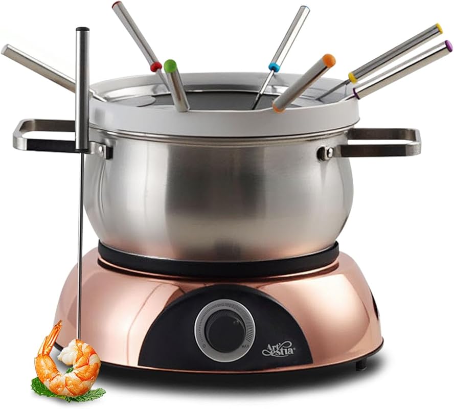Artestia Electric Dual Fondue Pot, Large Capacity, 8 Forks for Cheese,