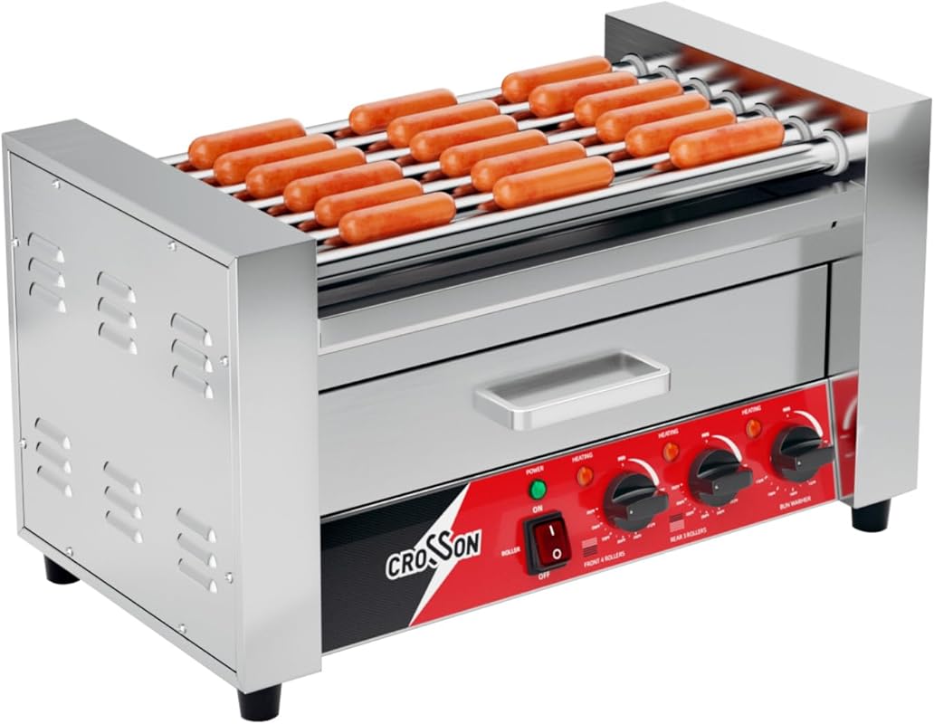 CROSSON Commercial 7-Roller Hot Dog Grill Cooker Machine with Bun Warm