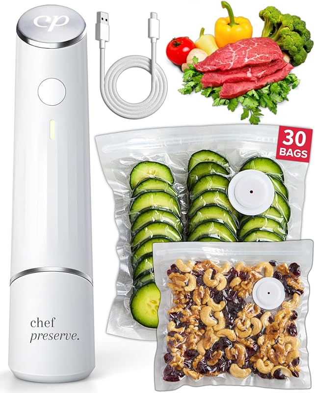 Chef Preserve Compact Handheld Vacuum Sealer Machine with 30 Reusable 