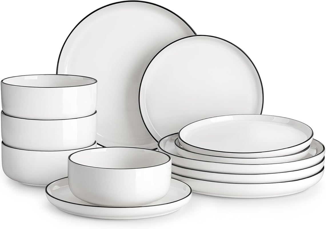 MALACASA LUNA 12-Piece Porcelain Dinnerware Set for 4, Plates & Bowls,