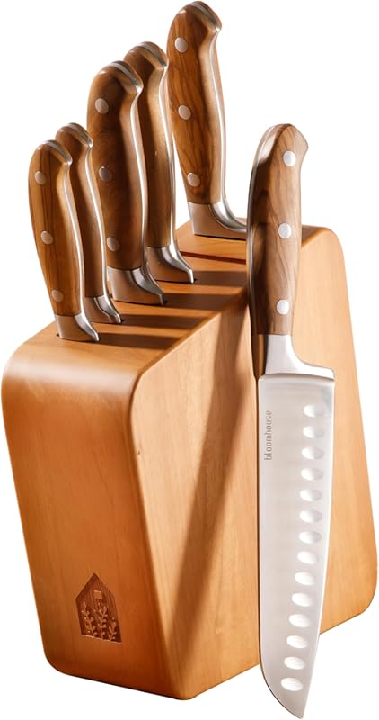 Bloomhouse 7-Piece Italian Olive Wood Kitchen Knife Block Set, German 