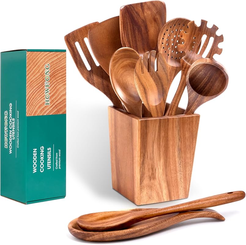 Premium Acacia Wood Kitchen Utensil Set: Handmade, Heat Resistant & No