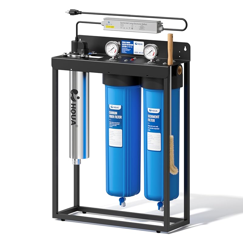 HQUA WF3-03 3-Stage Whole House Filtration System with UV, Reduces Met