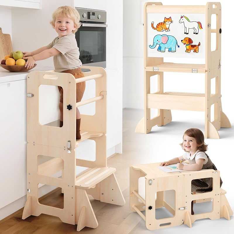 4-in-1 Foldable Wooden Toddler Kitchen Step Stool & Learning Standing
