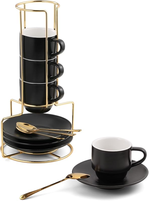 Lareina Black 3oz Stackable Ceramic Espresso Cups Set, Saucers, Spoons