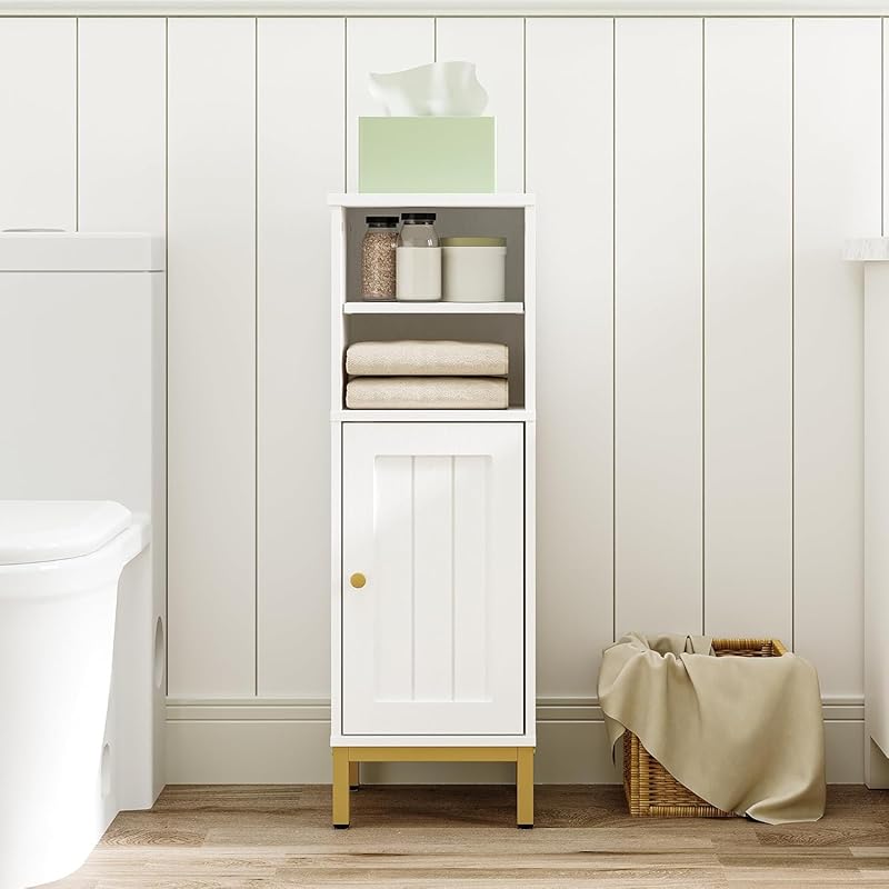 White Corner Bathroom Storage Cabinet with Adjustable Shelf and Revers