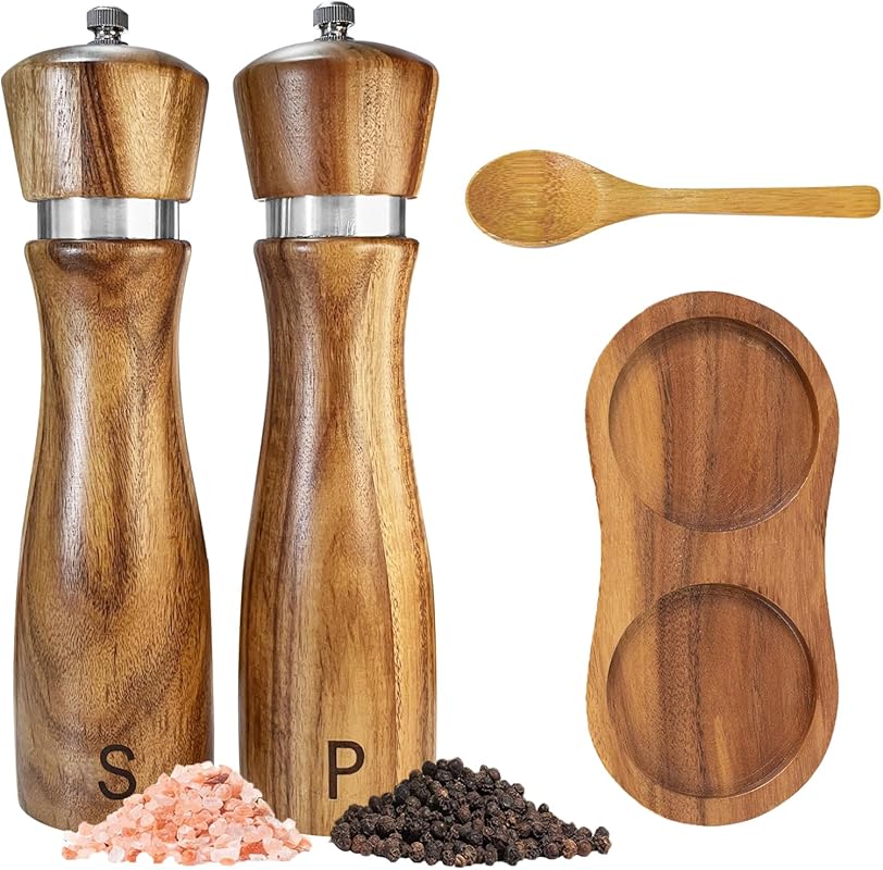Acacia Wood Salt & Pepper Grinder Set, 8-inch Manual Mills, Adjustable