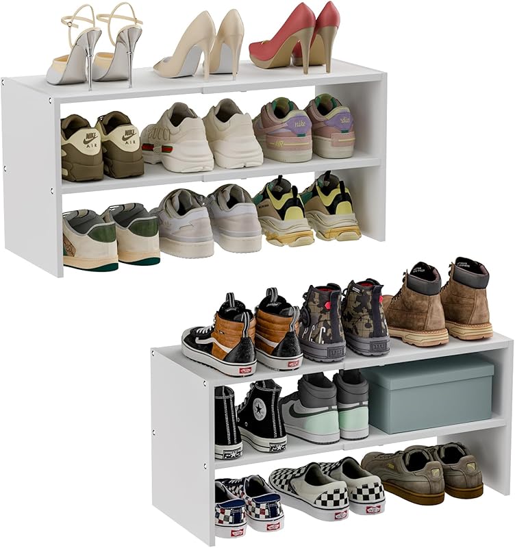 2-Pack White 2-Tier Expandable Shoe Rack, Stackable Iron & Wood Shoe O
