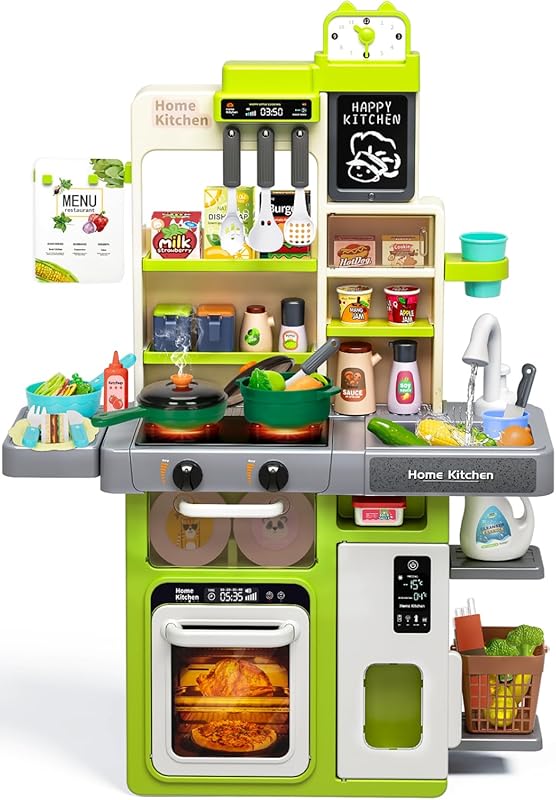 Kids Play Kitchen Set: Sound & Light, Steam Stove, Play Sink, Food & A