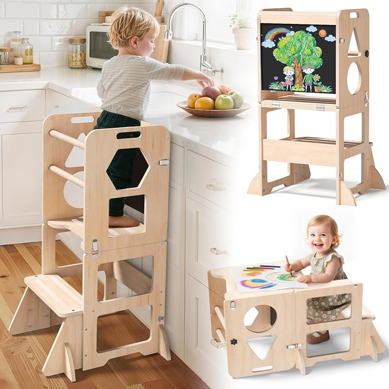 4-in-1 Foldable Wooden Toddler Kitchen Step Stool & Learning Standing