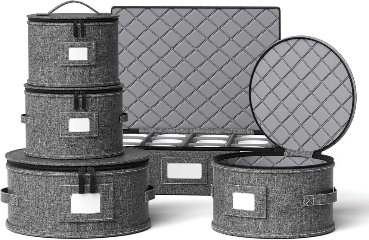 5-Piece Hard Shell Quilted China Storage Containers with Dividers for 
