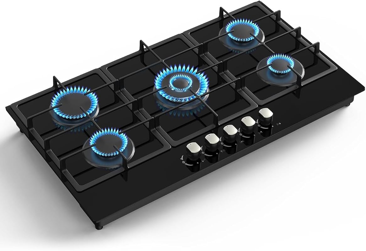 36-inch Built-in Gas Cooktop, 5 Burners, Tempered Glass Panel, NG/LPG 