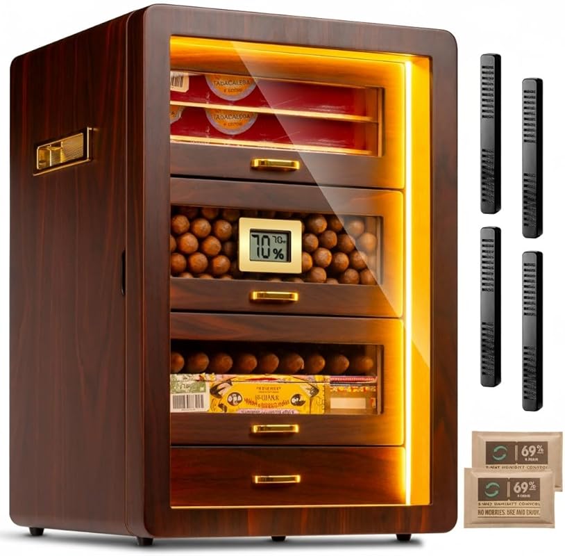 Desktop Cigar Humidor Cabinet: Triple-Sided Light, Digital Hygrometer,