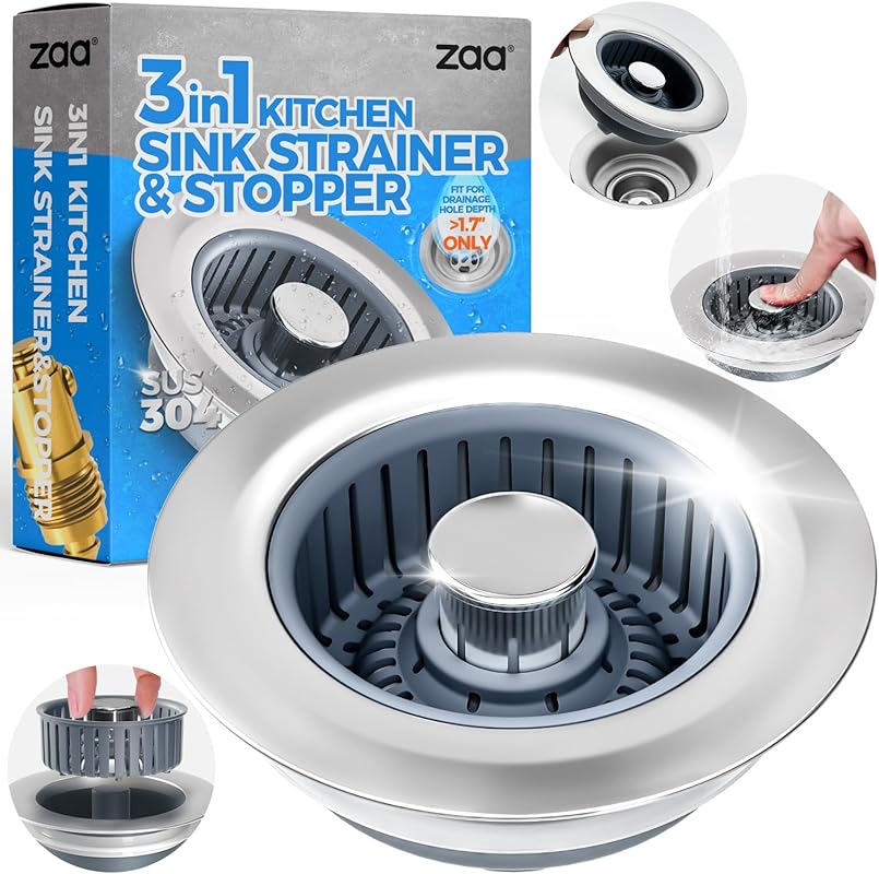 3-in-1 Silver Kitchen Sink Drain Strainer & Stopper with Anti-Clogging