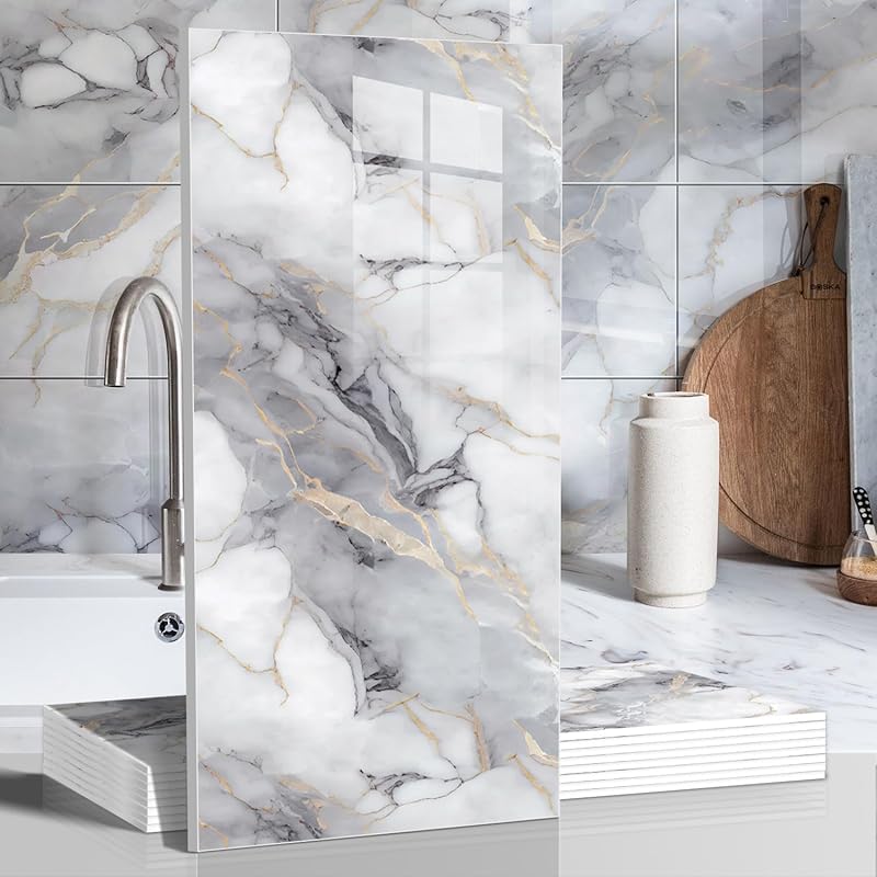 Generic 10pcs Marble Peel and Stick Waterproof Wall Panels, Heat-Resis