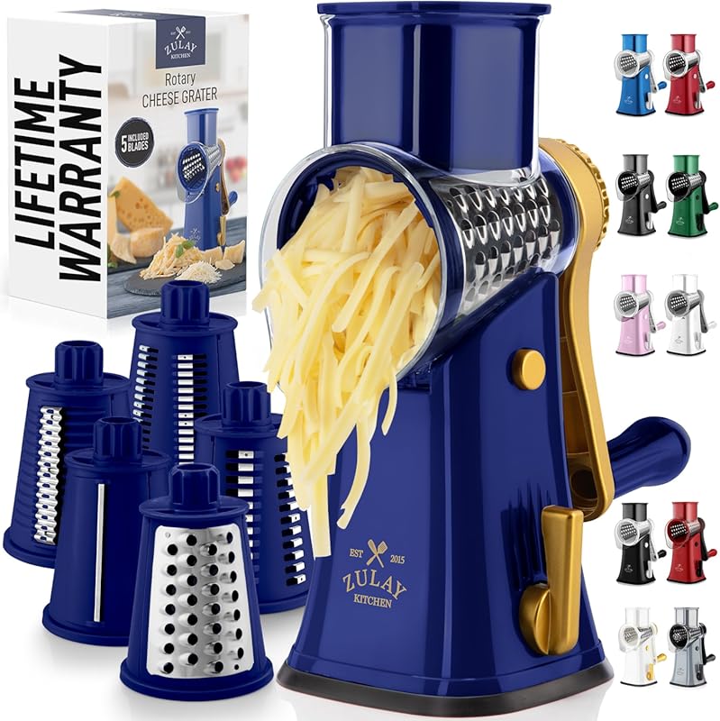 Zulay Kitchen Rotary Cheese Grater Shredder, Manual Hand Crank with 5 