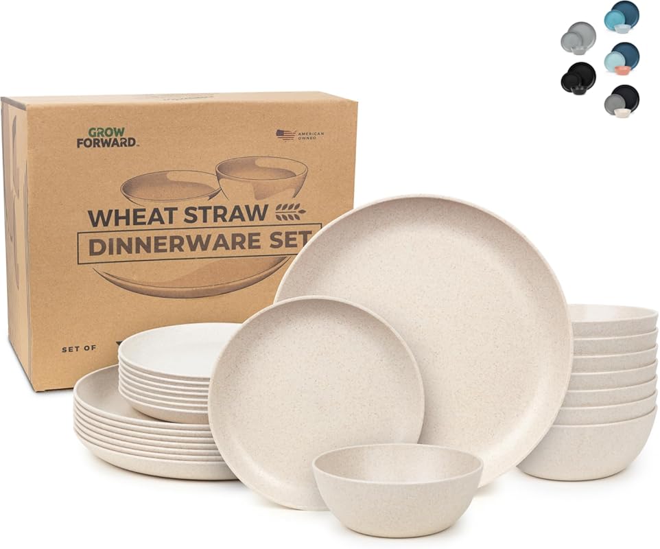 Grow Forward 24-Piece Premium Wheat Straw Dinnerware for 8, Unbreakabl