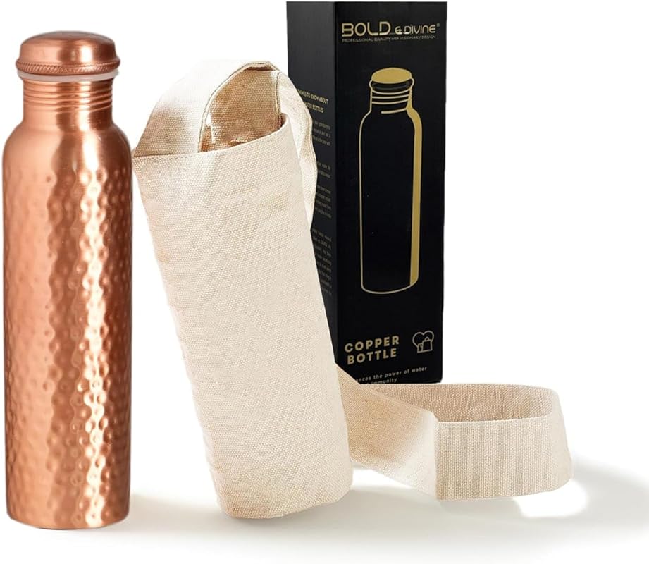 BOLD & DIVINE Premium 32oz Pure Copper Water Bottle, Hammered, Ayurved