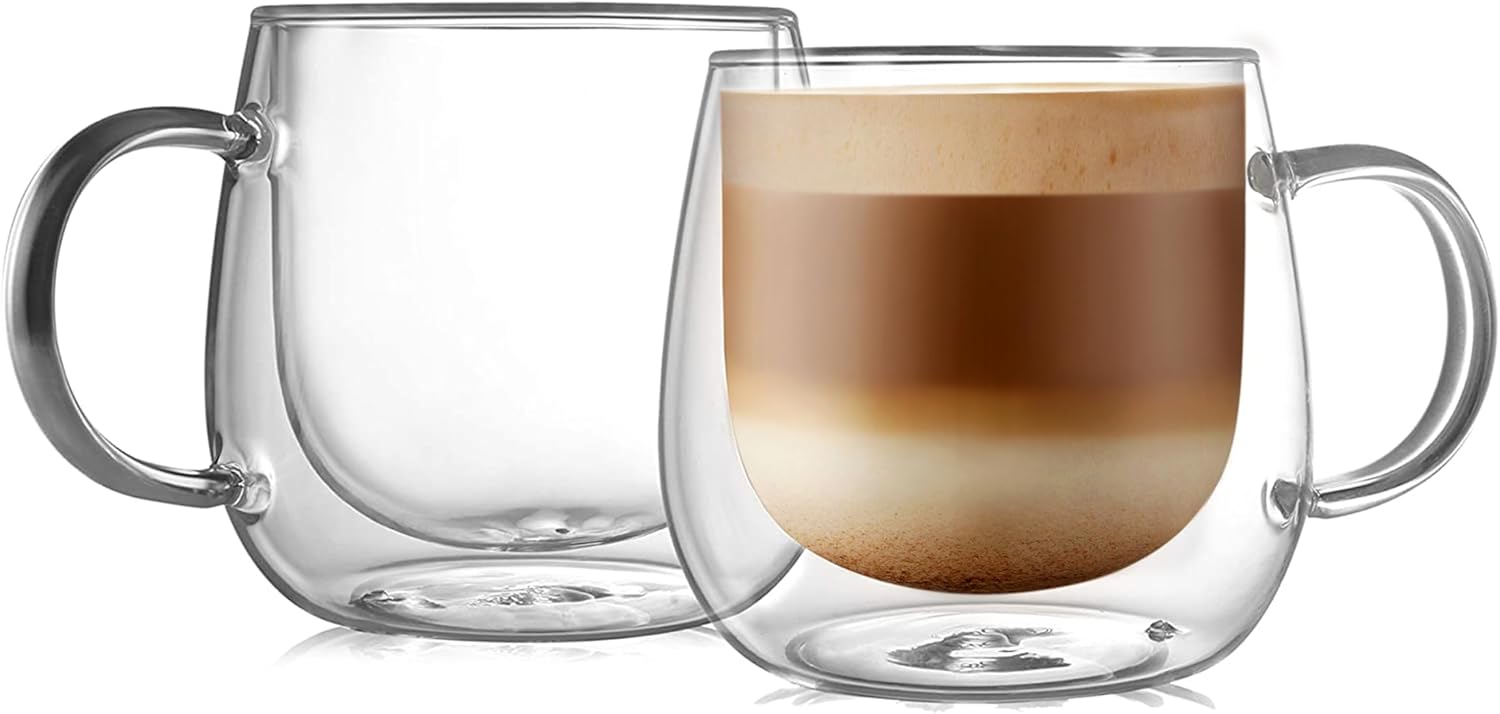 CNGLASS 16oz Double Walled Glass Coffee Mugs, Large Clear Insulated Cu