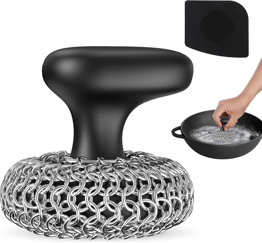 316 Stainless Steel Chainmail Cast Iron Scrubber Kit, Dishwasher Safe 