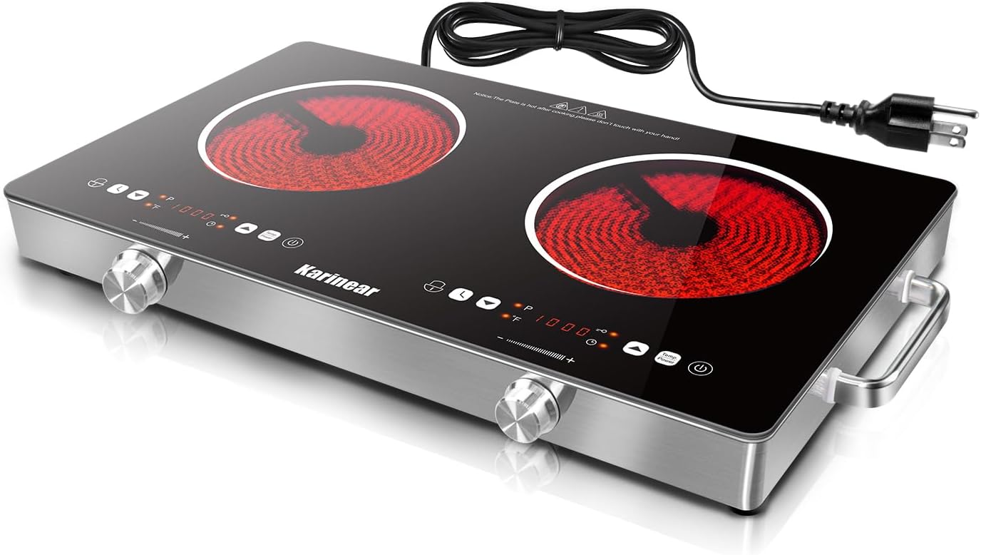 Karinear Portable 2 Burner Electric Cooktop 110V, Ceramic Countertop S