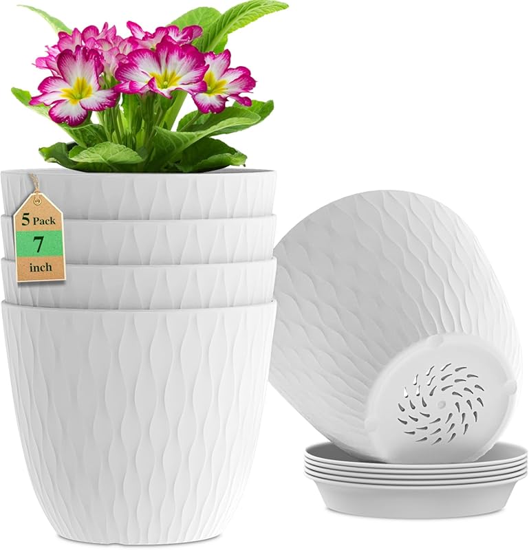 White 7 Inch Plastic Plant Pots (5-Pack) with Drainage & Saucers, Wate