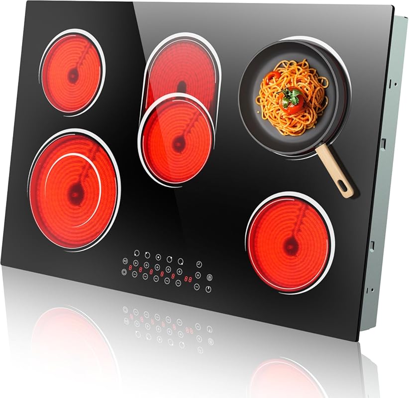 Built-in 30 Inch Electric Ceramic Cooktop, 5 Burners, 8400W, Touch Con