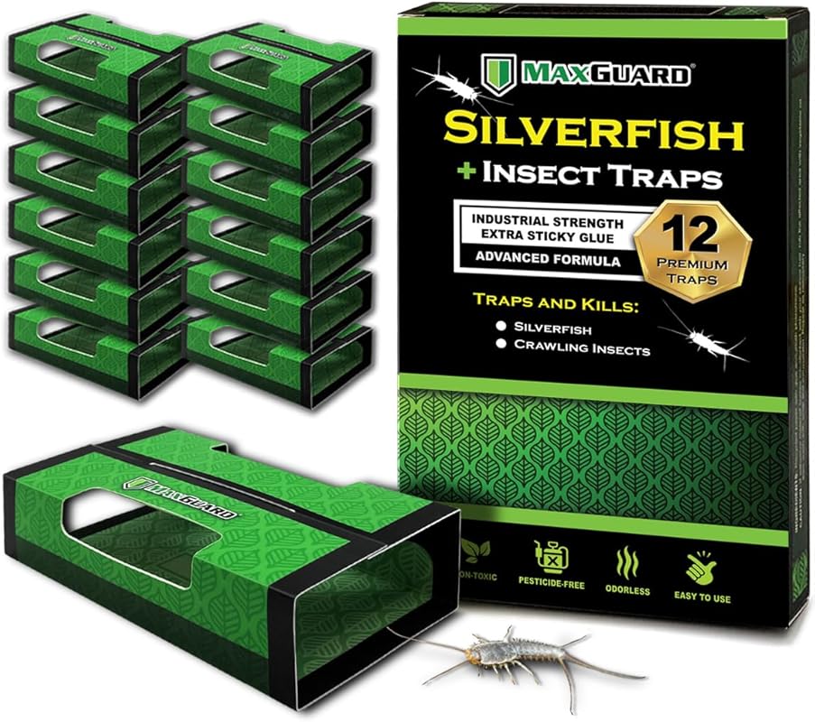 MaxGuard Silverfish & Insect Traps (12-Pack) – Non-Toxic, Extra Sticky
