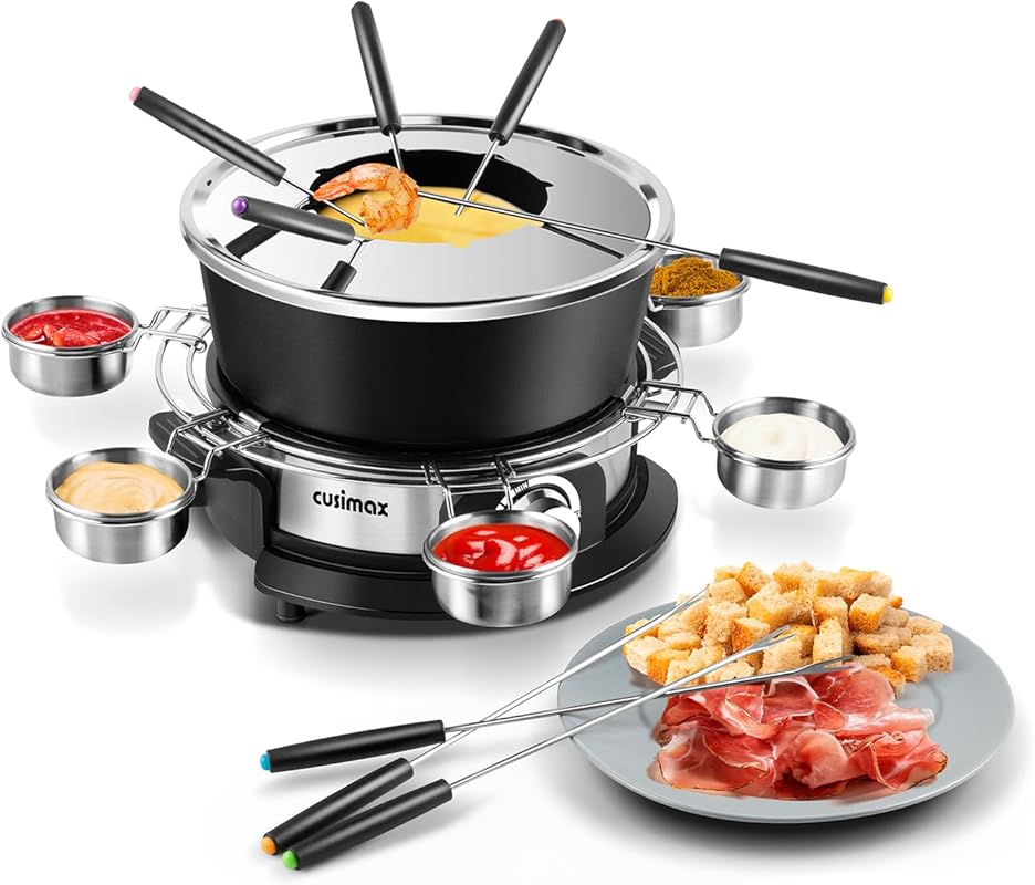 CUSIMAX Electric Fondue Set, 2L Non-Stick, Temperature Control, 8 Fork