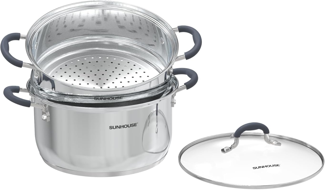 SUNHOUSE 3.1 Quart 2-Tier Stainless Steel Steamer Pot with Lid, Handle