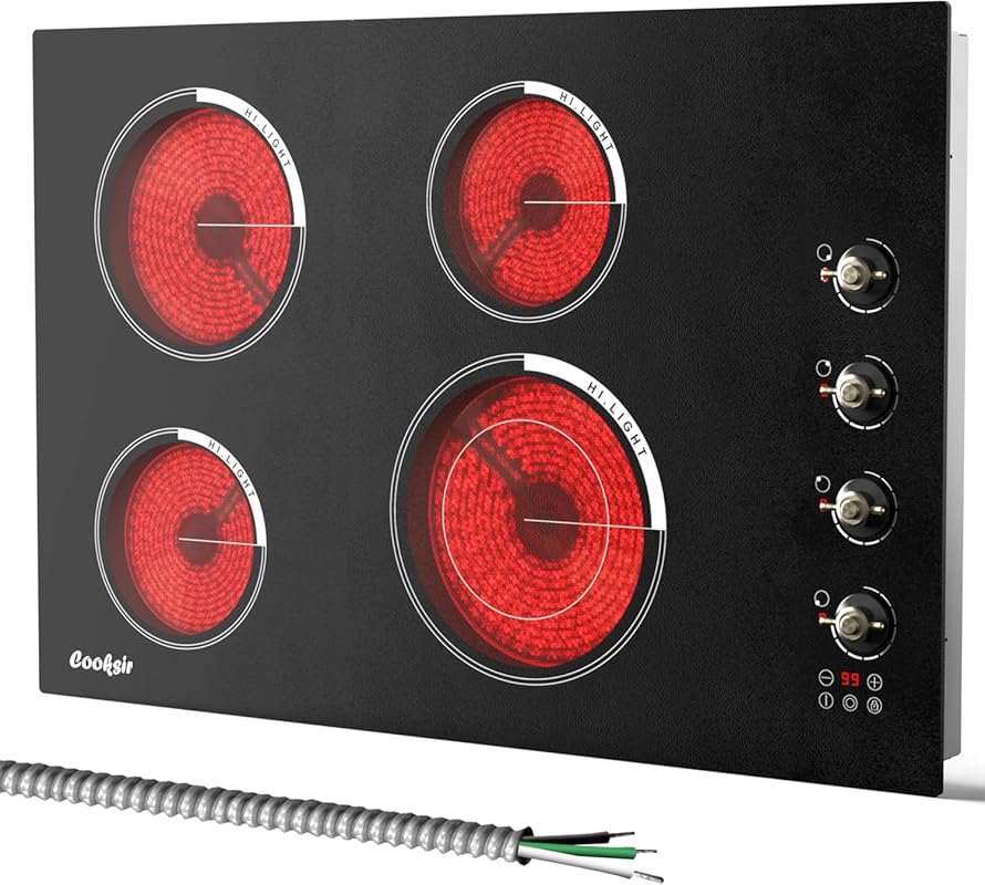 30-inch Built-in Glass Ceramic Electric Cooktop, 4 Burners, 6700W, Tou