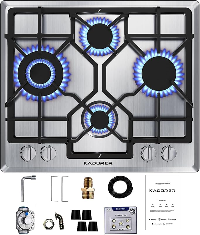 24-inch Built-in Gas Cooktop, 4 Burners, NG/LPG Convertible Stainless