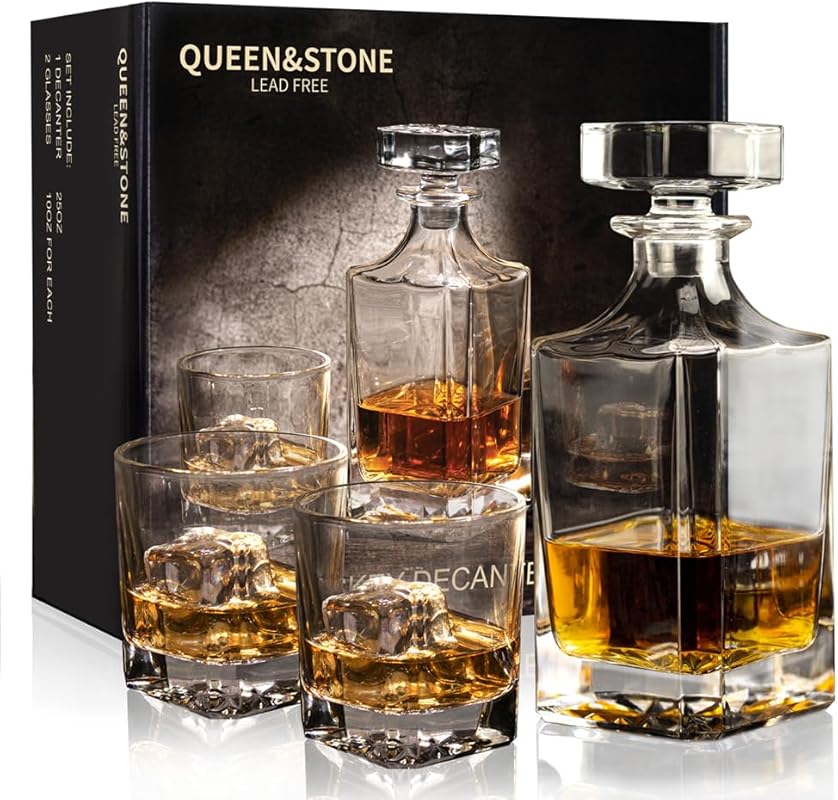 Square 25oz Whiskey Decanter Set with 2 Glasses in Gift Box for Scotch