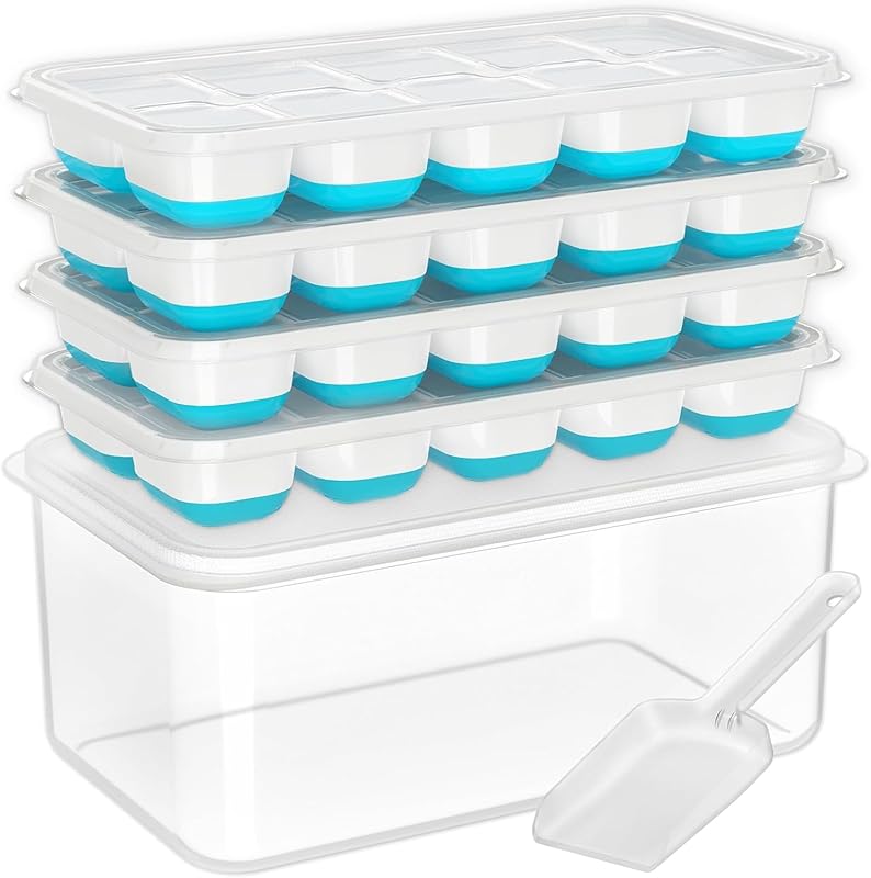 DOQAUS 4-Pack Silicone Ice Cube Trays with Lids, Storage Bin & Scoop; 