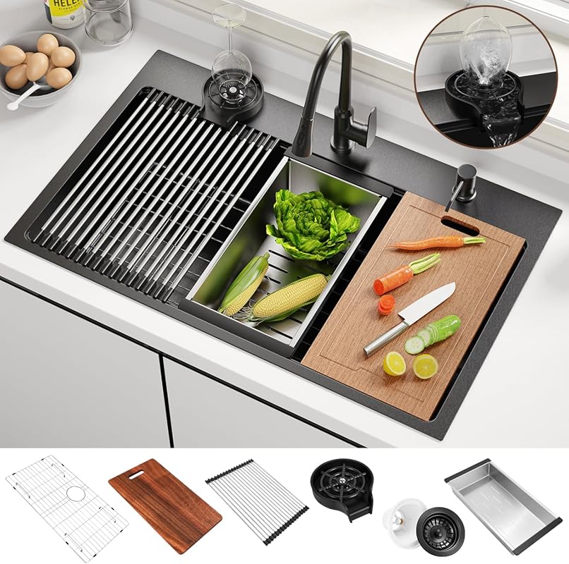 Black 33x22 Stainless Steel 16 Gauge Single Bowl Workstation Kitchen S