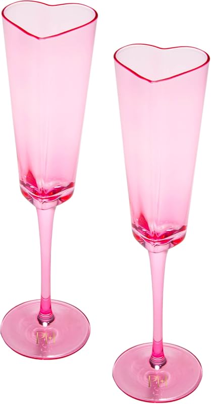 Paris Hilton Heart Shaped Pink Champagne Flute Gift Set, Elegant Handm
