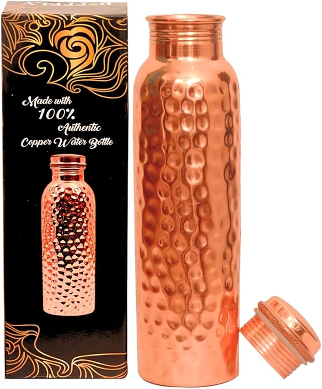 Handcrafted 100% Pure Copper Water Bottle, 34oz Ayurvedic, Leak-Proof 