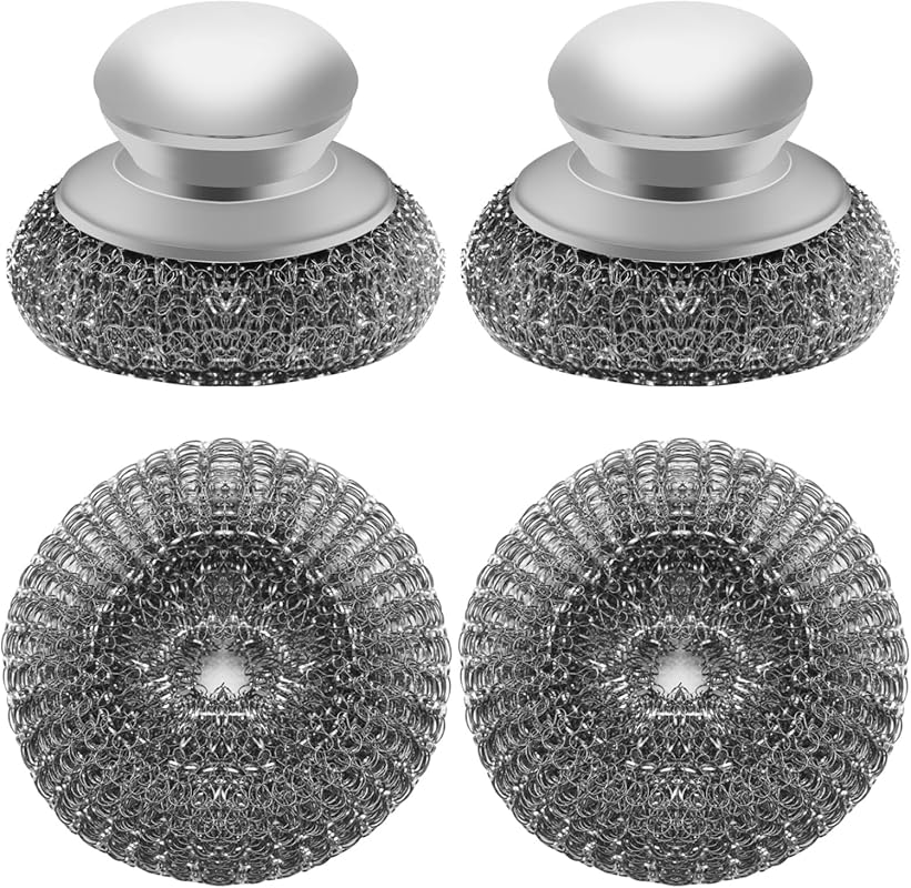 Stainless Steel Wool Scrubber with 2 Replacement Pads for Cleaning Met