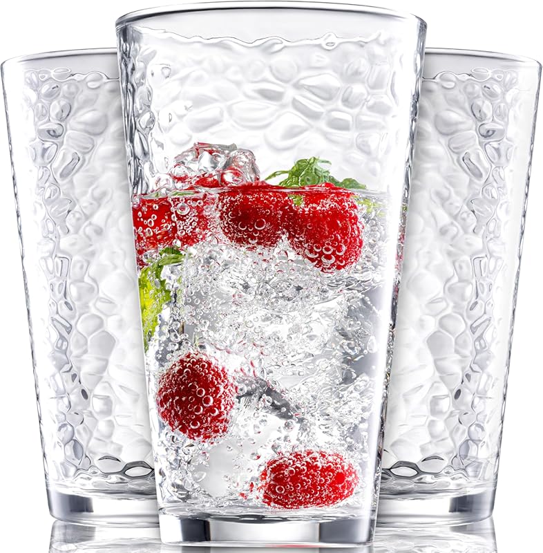 Hammered Glass Cups Set, 10-Piece, 16oz, Dishwasher Safe, Clear Heavy 