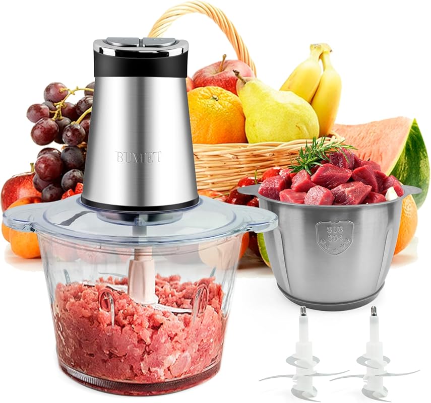 800W Electric Food Processor with Dual 12-Cup Bowls, LED Timer, 3-Tier