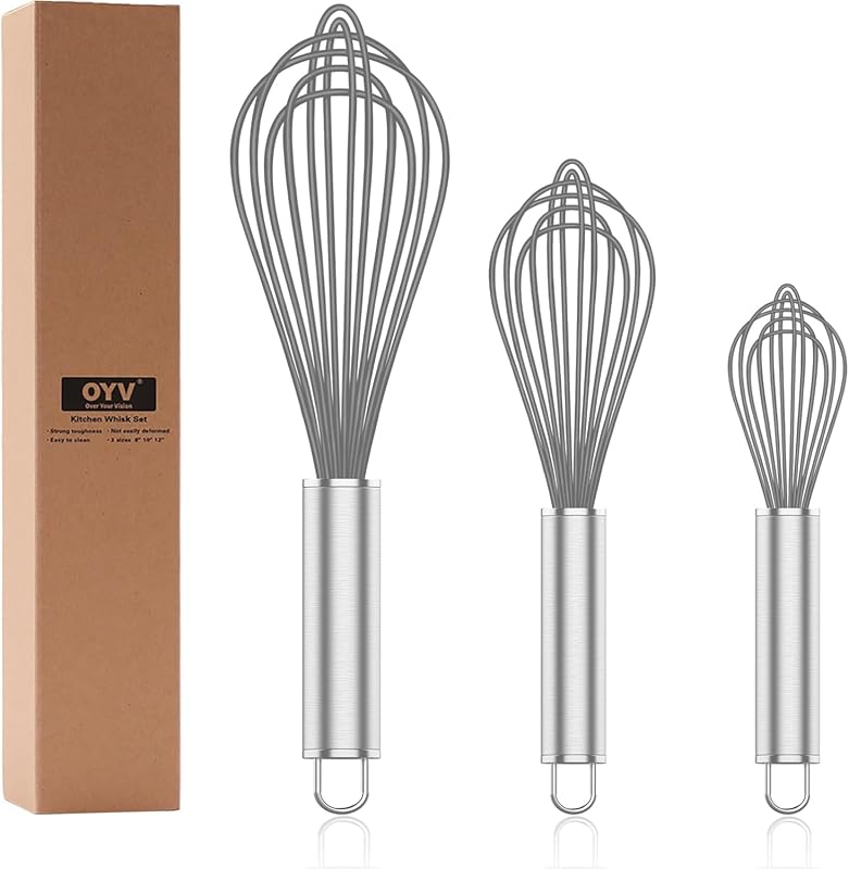 Professional Silicone Whisk Set (3) - Stainless Steel, Non-Scratch for